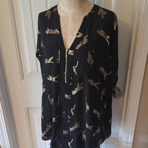 torrid Tops - Gorgeous Gold Leopard Print Black Zipper Dress Shirt